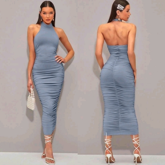 NWT Dusty Blue Solid Ruched Halter Bodycon Dress Sz Medium - Picture 1 of 3